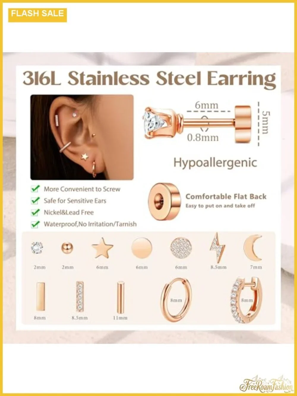 12 Pairs Hypoallergenic Flat Back Stud Earrings Set 14k Gold Plated Stainless